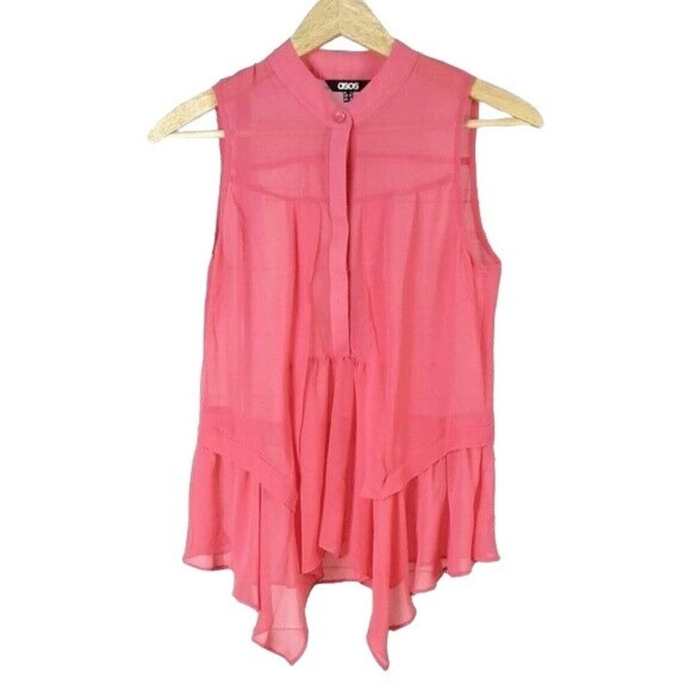 ASOS Womens Sleeveless Sheer Top Pink US 4 High-Low Button-Up Ruffle